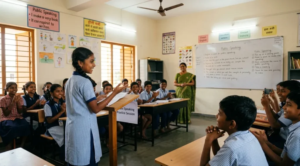 Storytelling and public speaking training for kids at SSB Academy camp