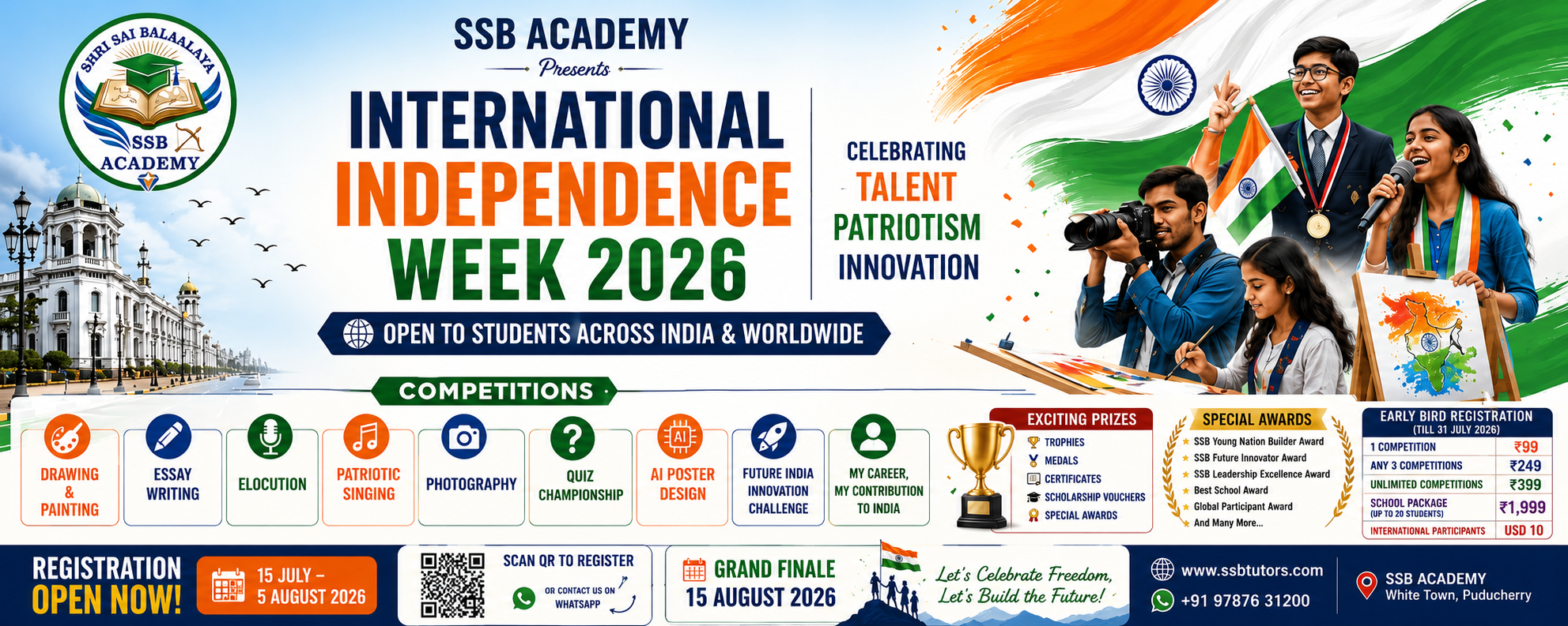 SSB Academy International Independence Week 2026 banner featuring nationwide student competitions, prizes, registration details, and patriotic celebrations. SSB Academy International Independence Week 2026 banner featuring nationwide student competitions, prizes, registration details, and patriotic celebrations.